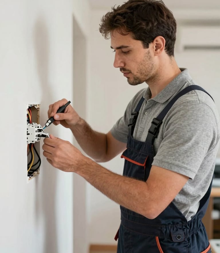 A professional electrician in a clean uniform working on a wiring installation in a modern Southern European / Spanish interior. Professional and reliable atmosphere, with hints of Pale Grey and Dark Navy.
