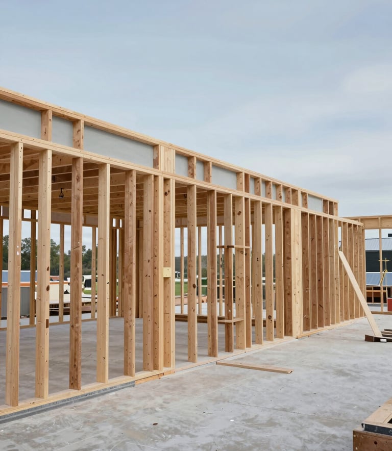 A wide, professional shot of a large-scale commercial drywall project in Maine showing sturdy framing and high-quality installation. The atmosphere is industrial yet clean, with a palette emphasizing #F8F9FA and #B4C6D7.