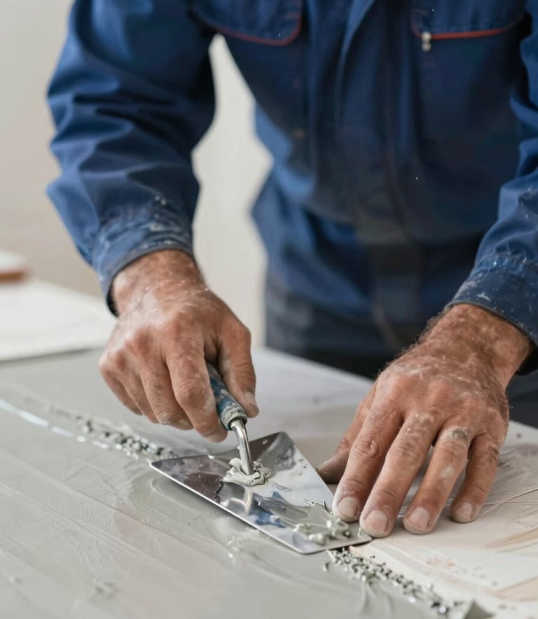 A close-up shot of a professional drywall finisher's hands using a steel trowel to apply a smooth layer of joint compound to a seam. The lighting is bright and clear, emphasizing meticulous craftsmanship. The color palette includes the cool greys of the compound and the deep blues of the worker's professional attire, matching #2C3E50 and #617488.