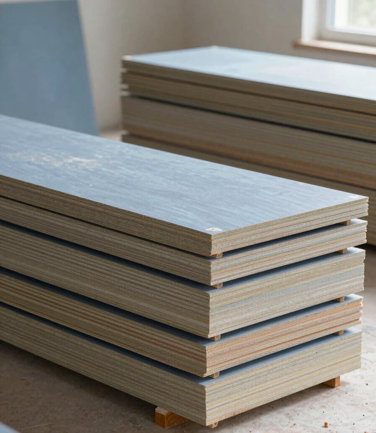 A professional construction scene featuring stacks of high-quality drywall boards neatly arranged in a bright, modern residential interior. The composition is clean and orderly, reflecting meticulous attention to detail. Soft natural light highlights the sturdy materials. Subtle brand colors #617488 and #B4C6D7 are present in the equipment and shadows.