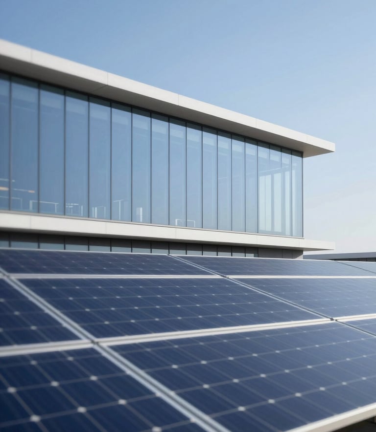 A high-end solar energy installation on a modern architectural building under a clear sky. Minimalist composition with sleek lines, reflecting the brand colors #5E9CD1 and #F8F9FC. Sharp focus, professional photography style.