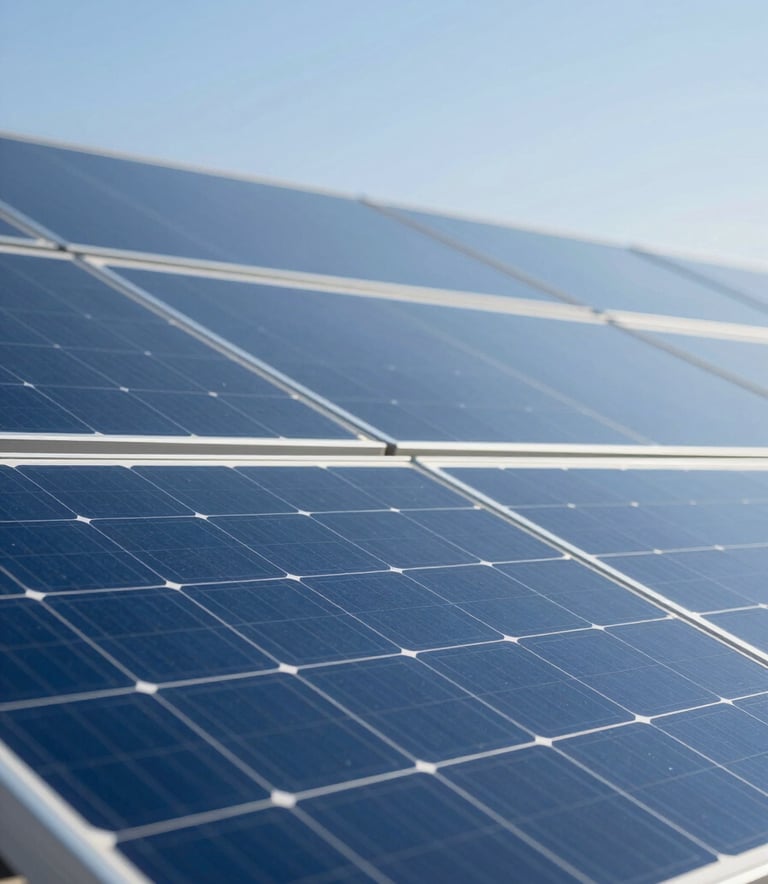 A sophisticated close-up of high-efficiency solar panels reflecting a clear blue sky, designed with a premium architectural feel. Incorporates shades of #1F365C and #5E9CD1. Minimalist and professional composition.