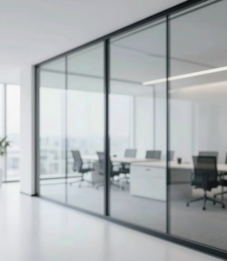 A minimalist corporate office interior with floor-to-ceiling glass, soft natural lighting, and a clean white aesthetic. Reflects innovation and professionalism using colors like #F8F9FC and #0F1A2F.