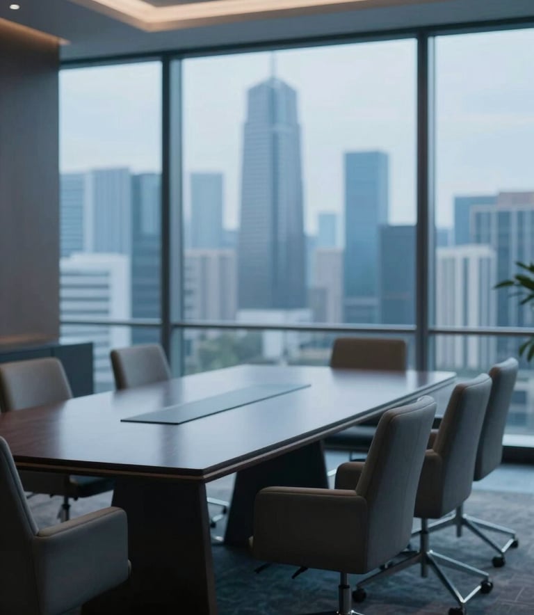 A sophisticated meeting room with high-end furniture and a large glass window overlooking a futuristic city skyline. Soft blue tones matching #5E9CD1 and deep shadows #0F1A2F. Elegant and professional atmosphere.