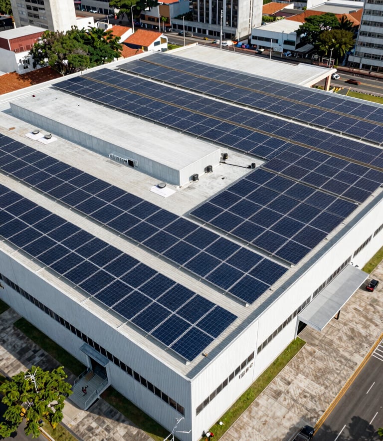 Aerial view of a large commercial installation of solar panels on the roof of a modern retail building in a Brazilian urban area, showcasing scale and industrial capability.