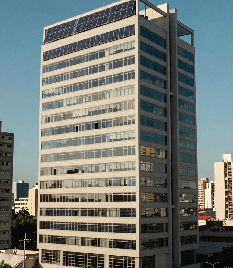A modern office building in a South American Brazilian coastal city with solar panels integrated into the architecture, clear blue sky, professional photography with natural lighting.