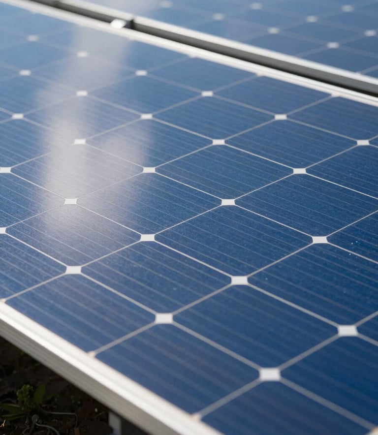A close-up photograph of high-efficiency silicon solar cells reflecting a bright blue South American sky, capturing the modern textures and clean lines of sustainable technology in a professional setting.