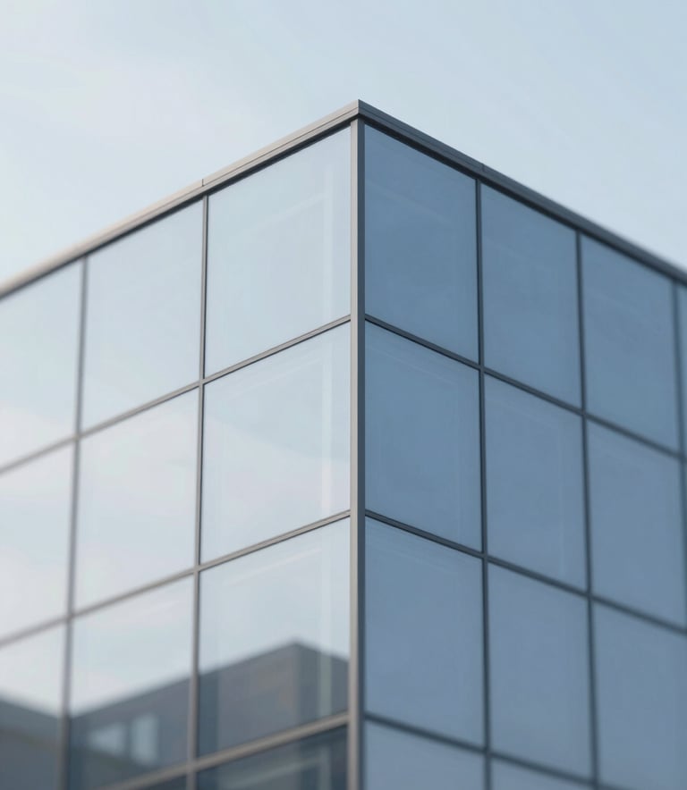A close-up photograph of a seamless glass corner in a modern architectural building, showcasing extreme precision and clarity. The lighting is natural and bright, with subtle blue-gray reflections of the sky, following the palette of #BCC9D4 and #F7F9FB.