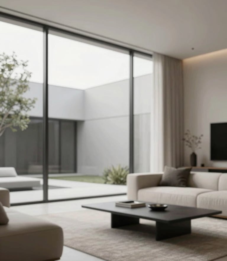 A sophisticated minimalist living room featuring a massive glass facade that connects the interior with an outdoor courtyard. The design is clean with neutral tones from the brand palette like #F7F9FB and #5B6C7B.
