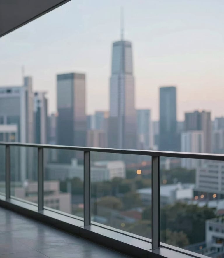Luxury balcony with a frameless glass railing overlooking a modern city skyline. The lighting is soft and contemporary, emphasizing the 'invisible' quality of the glass, with a color scheme drawing from #BCC9D4 and #1A1D20.