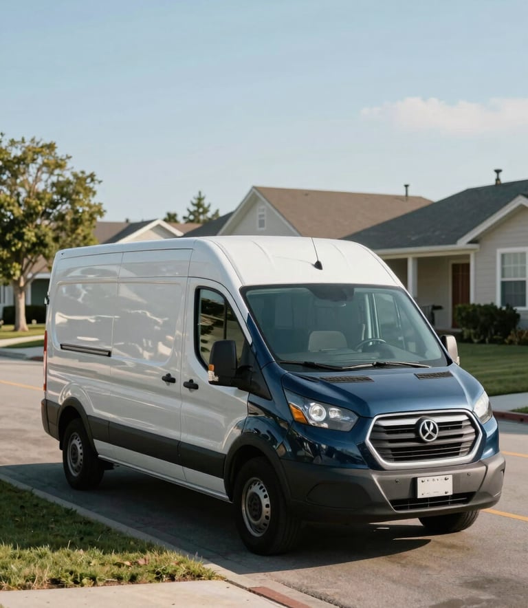 A clean, modern mobile service van parked on a suburban North American residential street during a bright, clear morning. The atmosphere is professional and efficient, with colors reflecting deep navy blue and pale mist.
