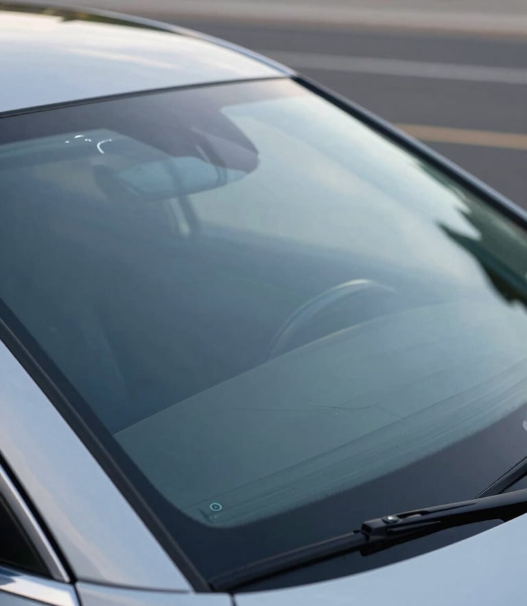 A detailed close-up photograph of a pristine, newly installed windshield on a luxury car. The glass is perfectly transparent, reflecting a soft blue North American sky. The setting is clean and modern, focusing on the high-quality finish and clarity.