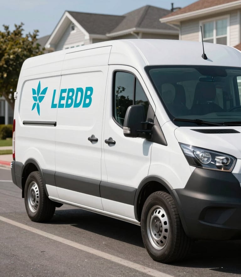 A modern, professional white mobile service van with clean teal blue branding parked on a typical North American residential street. The midday sun reflects off the polished glass windows, conveying a sense of reliability and modern efficiency. High-quality photography style.
