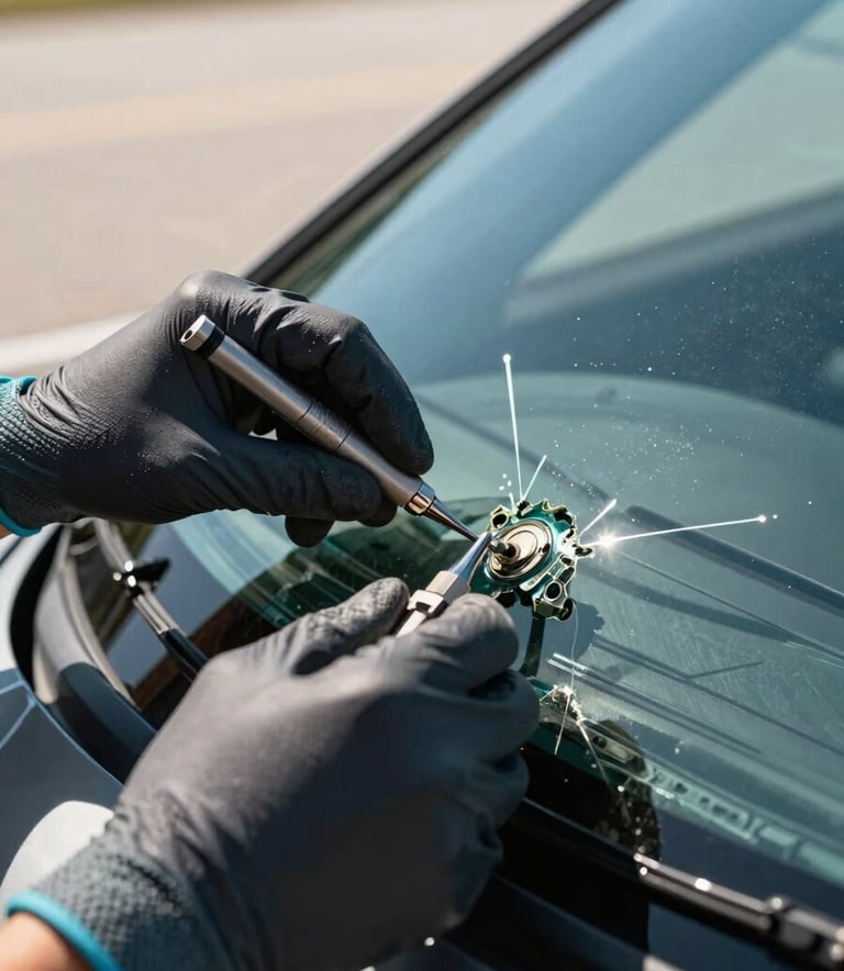 A high-detail close-up of a technician's hands in professional gloves using precision tools to repair a windshield chip. Sunlight glints off the clean glass. North American / US driveway setting, ocean teal accents.