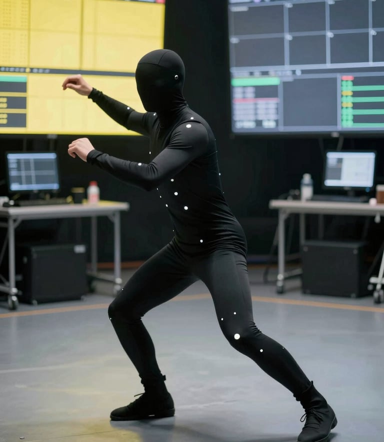 A high-fidelity motion capture session in progress. An actor in a black mocap suit with white markers performs a cinematic movement. The background features technical equipment and large screens displaying real-time data in yellow (#FFFF00) and grey (#E0E0E0). Sleek, cinematic, and professional lighting.