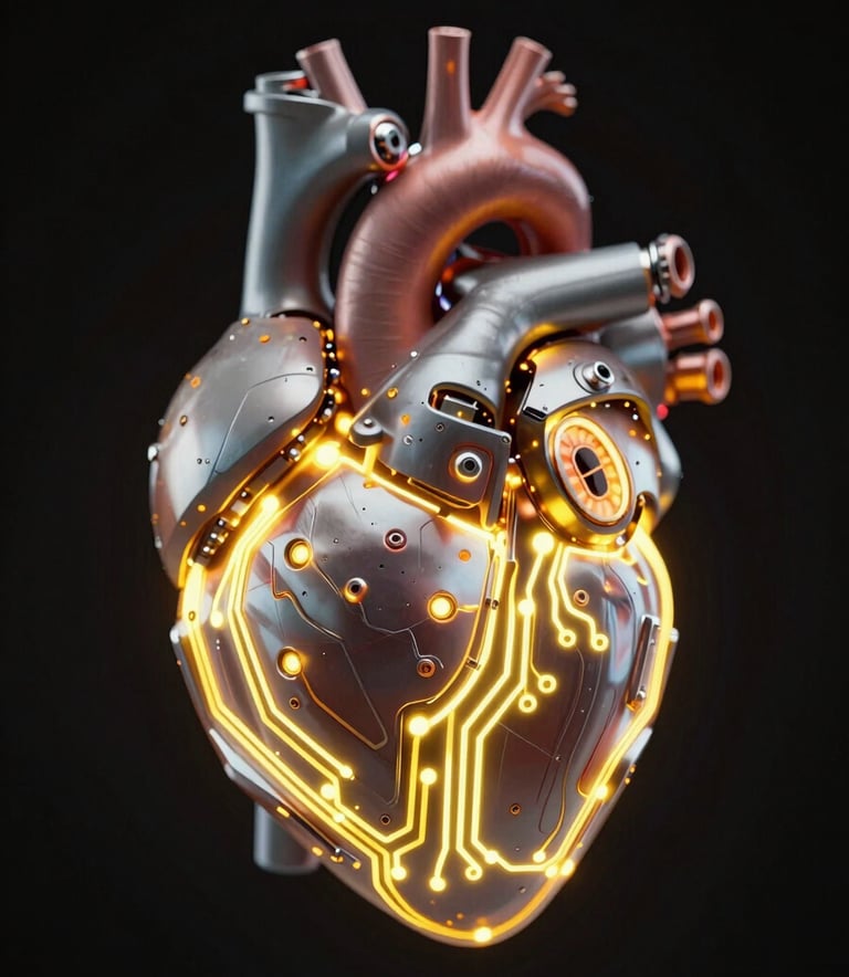 A high-fidelity 3D render of a futuristic mechanical heart, illuminated by glowing yellow circuitry #FFFF00 against a pitch black background #000000, sleek and cinematic.