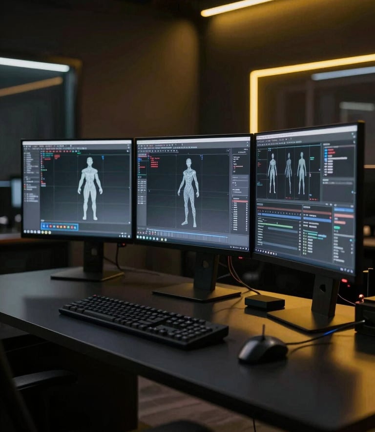 An ultra-modern game developer workspace in a dark studio. A high-end workstation with three curved monitors shows complex 3D character wireframes. The room is dimly lit with subtle yellow LED strips (#FFFF00) reflecting off sleek black surfaces (#000000). Professional and high-tech atmosphere.