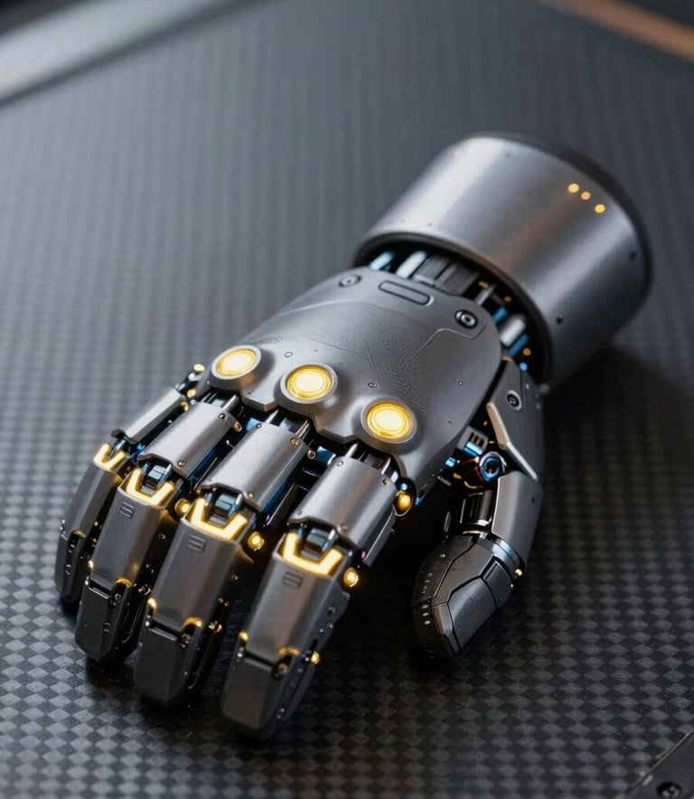 A close-up of a high-tech robotic gauntlet resting on a dark carbon fiber surface, yellow #FFFF00 light emanating from the joints, ultra-realistic textures.