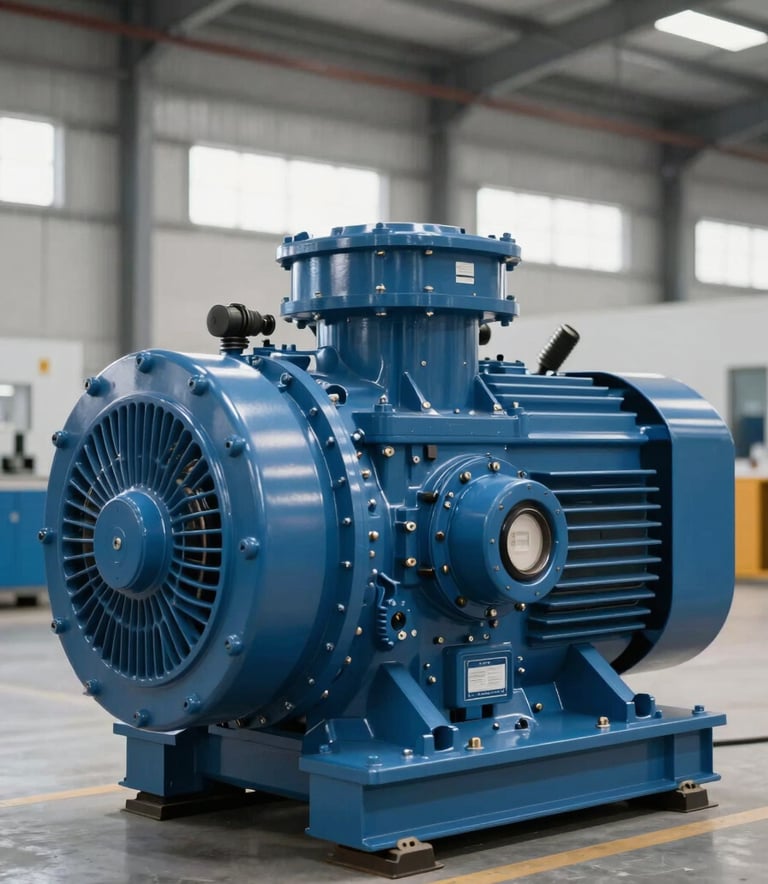 A high-end industrial electric generator in a steel blue casing, parked on a modern logistics site. The lighting is bright and clean, emphasizing a robust and reliable piece of equipment.