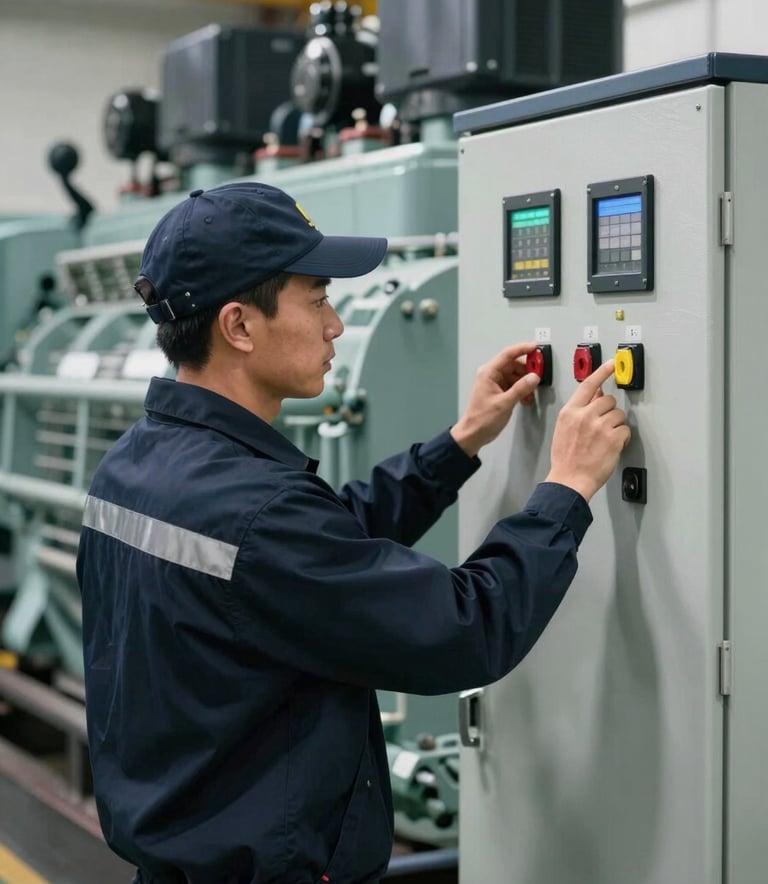 A professional technician wearing a dark navy uniform and safety gear inspecting the control panel of a large power generator. The scene communicates safety and expert technical support.