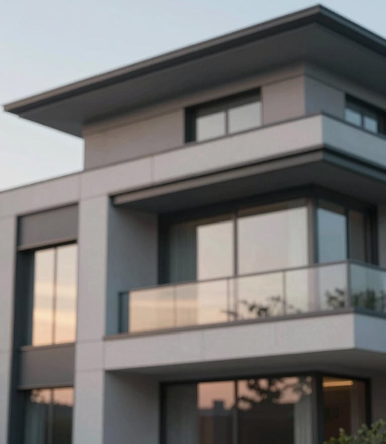A close-up shot of architectural details on a modern luxury villa, featuring clean lines, glass windows reflecting a soft sunset, and high-end materials. The lighting is warm and elegant, incorporating the #5A6B6D slate grey and #EDF3F5 tones in the building materials and sky.