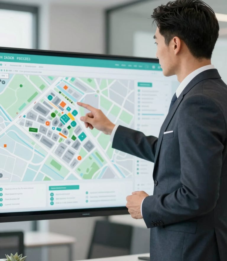 A professional real estate agent in a modern, sophisticated office setting, gesturing toward a digital property map. The atmosphere is trustworthy and professional, with a color palette emphasizing #2A363B charcoal and #B0C2C3 teal accents in the decor.