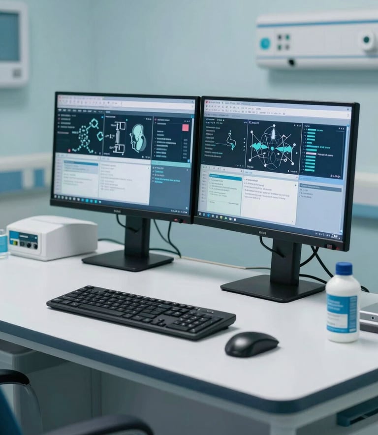 A clean, modern medical workstation in a North American hospital, featuring dual monitors displaying professional clinical data, high-end desk organization, and a soft Pale Blue and Teal lighting atmosphere.