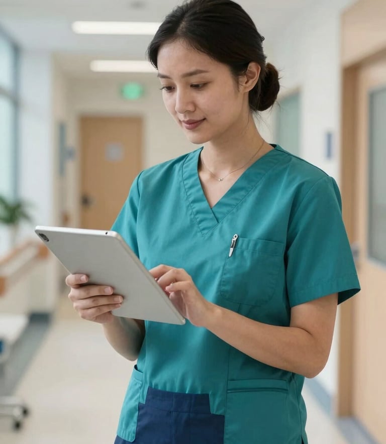 A healthcare administrator in professional attire working on a sleek tablet device in a bright, modern hospital hallway, North American / International setting, featuring corporate Teal and Dark Blue accents.