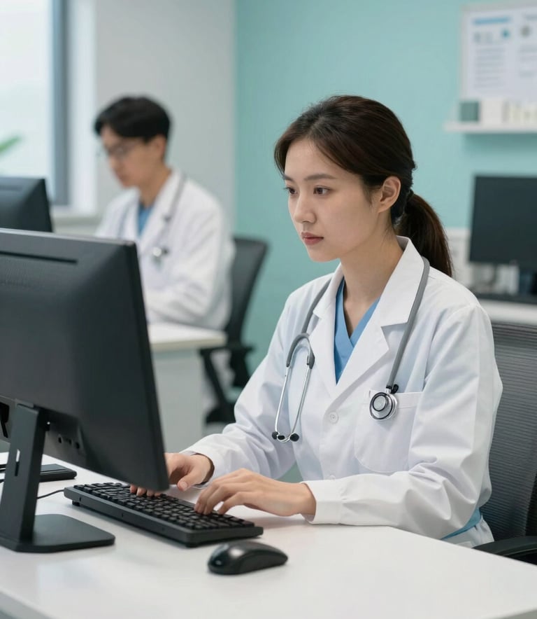 A focused healthcare administrator in a professional North American medical office, working at a clean, modern desk with integrated technology. The setting is bright and efficient with soft teal and light blue accents, reflecting a reliable and organized atmosphere.
