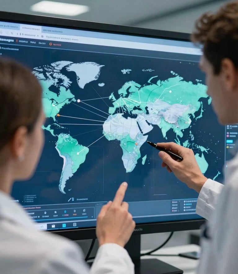 A sophisticated close-up of two researchers, one Australian and one European, reviewing a digital map of global research networks on a large glass screen. The setting is a high-tech office with cool tones of dark blue and teal, emphasizing professional collaboration and trusted expertise.
