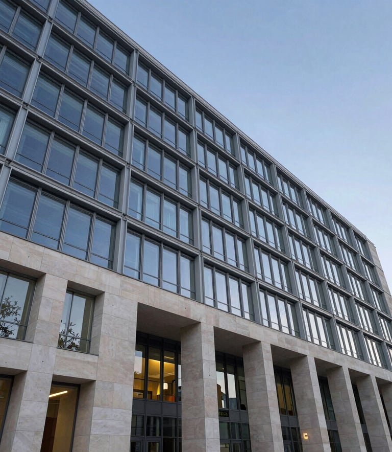 Photography of a grand, modern European university building facade in Brussels with sleek glass and steel. Low-angle shot during blue hour with off-white stone.