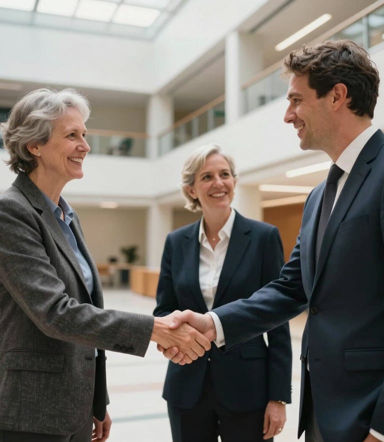 A professional portrait of Australian and European researchers shaking hands in a bright, modern university atrium. The lighting is soft and natural, emphasizing trust and international unity. The style is sophisticated and forward-thinking.