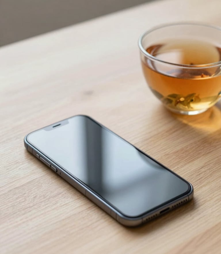 A minimalist and clean shot of a modern smartphone resting on a light wooden table next to a cup of herbal tea. The lighting is soft and natural, reflecting a calm morning atmosphere in a German apartment, conveying ease of use and accessibility.
