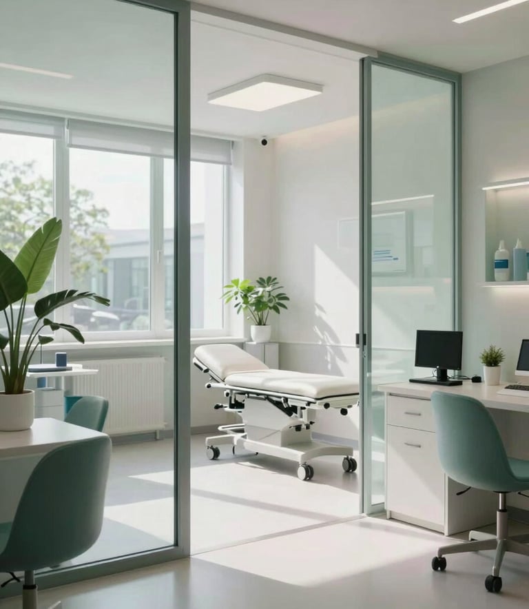 A clean, minimalist medical office interior in Germany with plenty of glass, natural light, and soft green decorative elements. The atmosphere is calm, welcoming, and technologically advanced.