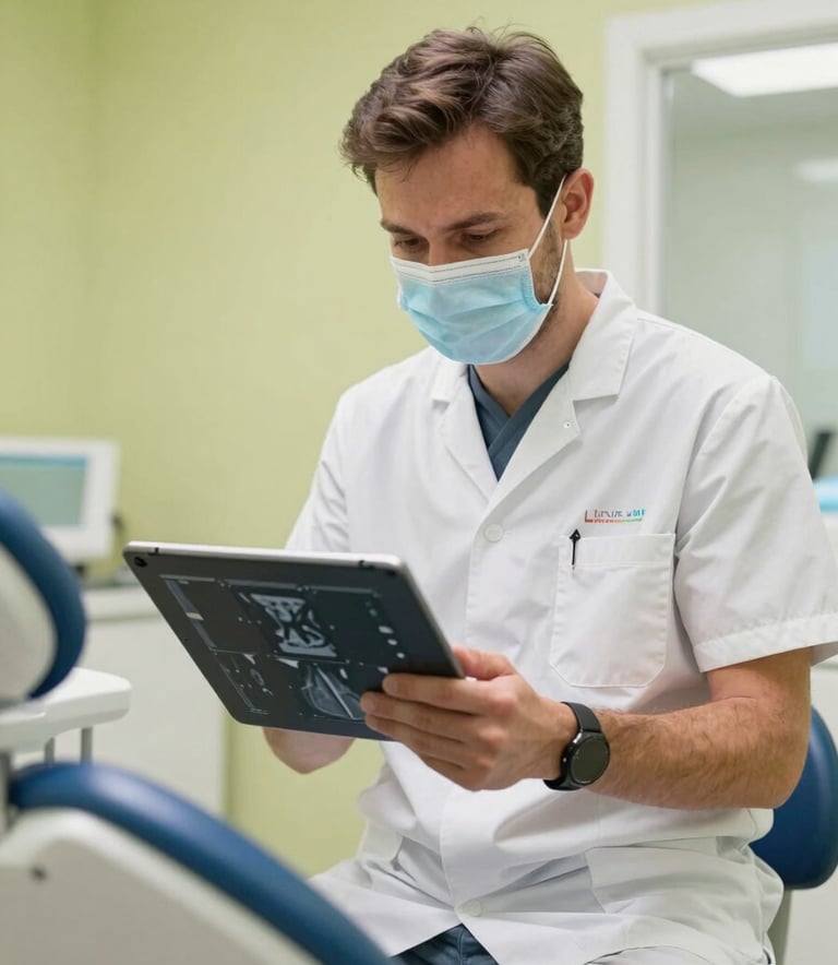 A focused dentist in a modern, bright dental practice in Central Europe, looking at a digital tablet with medical scans. The lighting is soft and natural, emphasizing a warm and professional atmosphere. The environment is clean and innovative, with pale lime green accents in the background.