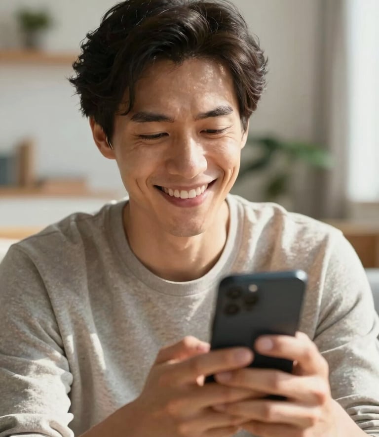A close-up of a friendly person smiling brightly in a sunlit, modern living room in a Central European / German home, looking at their smartphone with an expression of relief and confidence. The style is clean, warm, and professional, using a soft depth of field.