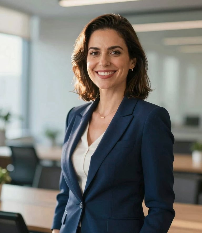 A professional and friendly portrait of a female financial advisor, Alexandra Magalhaes, in a modern, sun-drenched office. She wears a professional blazer. The background is soft-focus with hints of #1E3F66 and #B8D3E7. The lighting is warm and approachable.