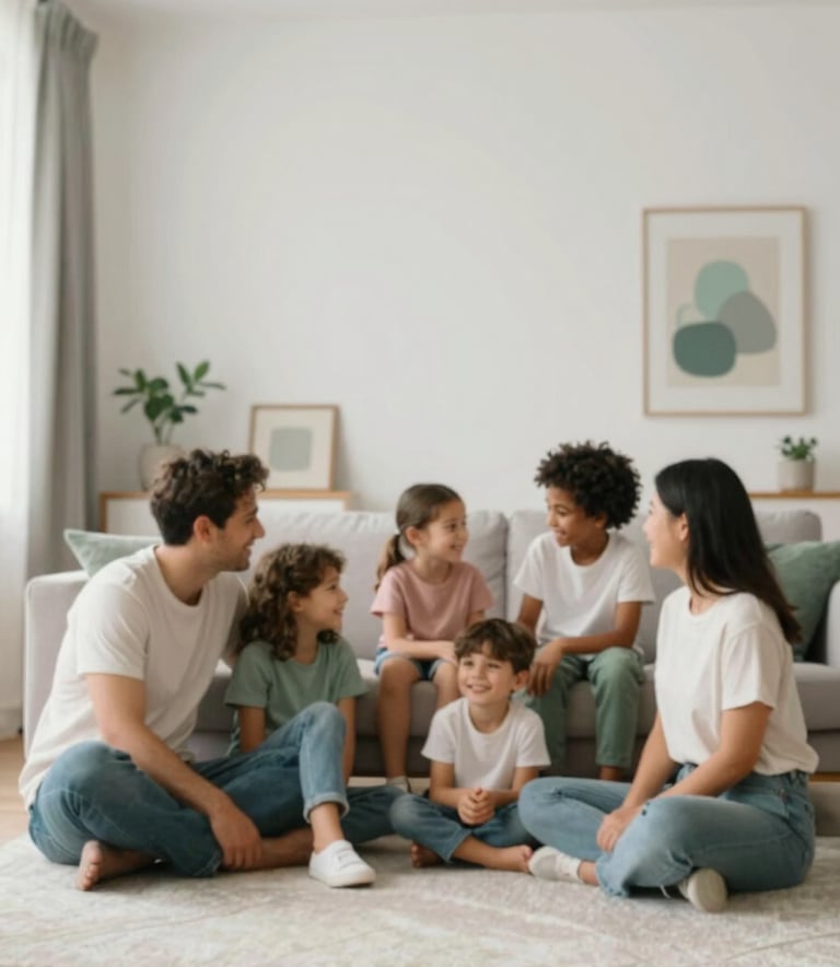 A wide-angle shot of a diverse, happy family—parents and two children—relaxing in their brightly lit living room, symbolizing protection and peace of mind. The decor includes subtle accents of #4A7C59 and #F4F7F9. The style is clean, modern, and trustworthy.