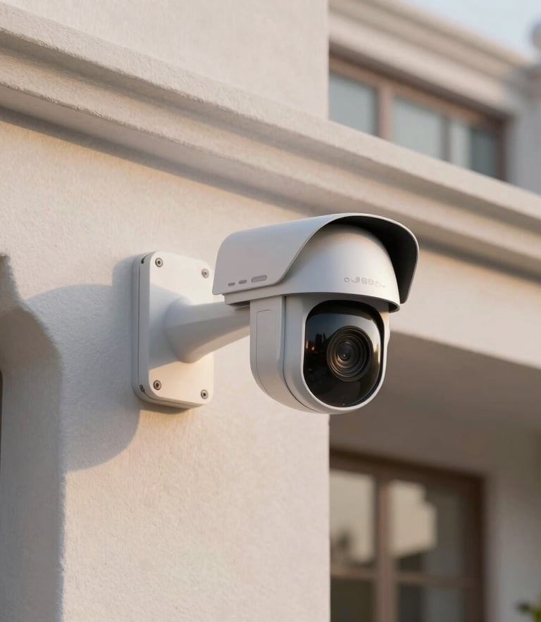 A close-up photograph of a modern, sleek smart security camera mounted on the exterior wall of a luxury Middle Eastern / Gulf villa, soft evening sunlight, professional and secure atmosphere.