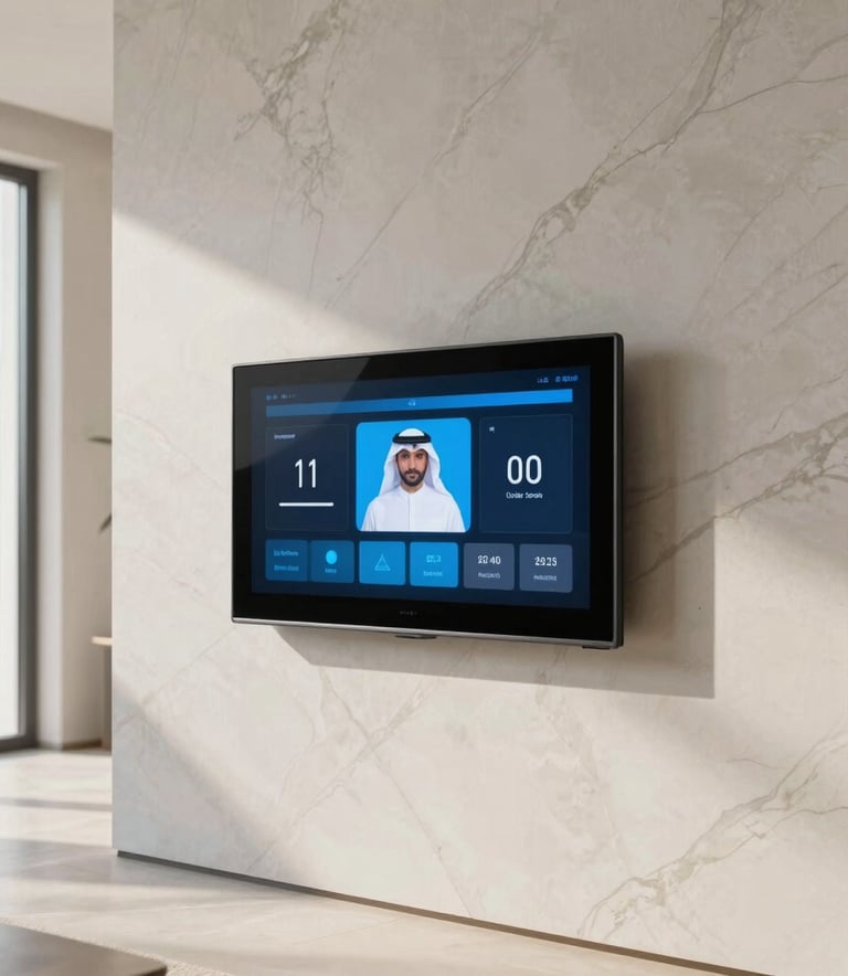 A wide-angle interior shot of a sophisticated smart home dashboard integrated into a minimalist marble wall of a luxury villa in a Middle Eastern / Gulf setting. Soft daylight filters in, creating a professional and trustworthy mood.