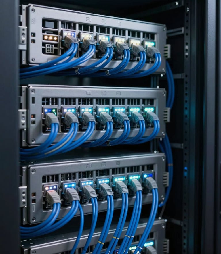 Photography of a clean, high-tech server room with neatly organized blue cables and glowing LEDs, symbolizing robust network infrastructure, sharp focus, professional lighting.