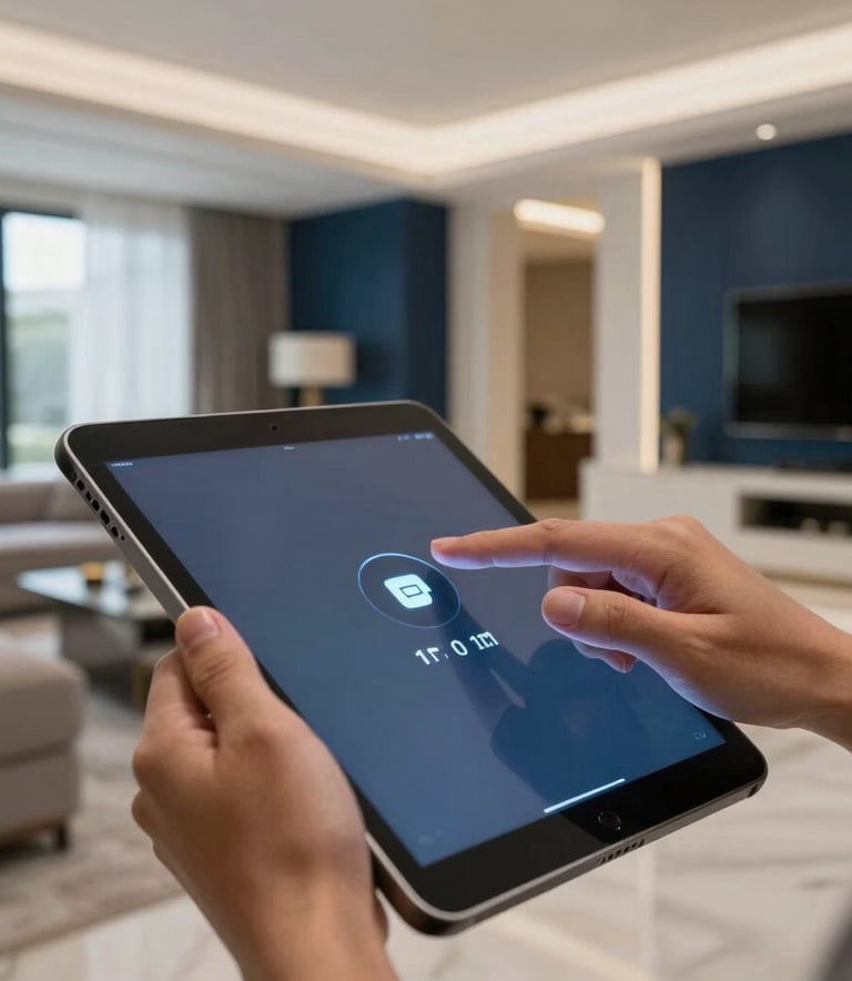 A close-up photograph of a hand using a tablet to control the lighting and temperature of a luxury Middle Eastern / Gulf villa. The background shows a modern, sophisticated living space with Slate Blue and Dark Navy accents, illuminated by soft, professional indoor lighting.
