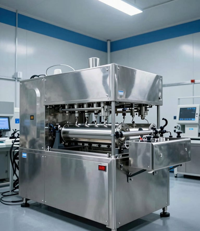 A wide-angle shot of a bright, modern North American pharmaceutical machinery manufacturing floor. A large, stainless steel blistering machine is centered, gleaming under cool white lights, with steel blue industrial accents on the walls.