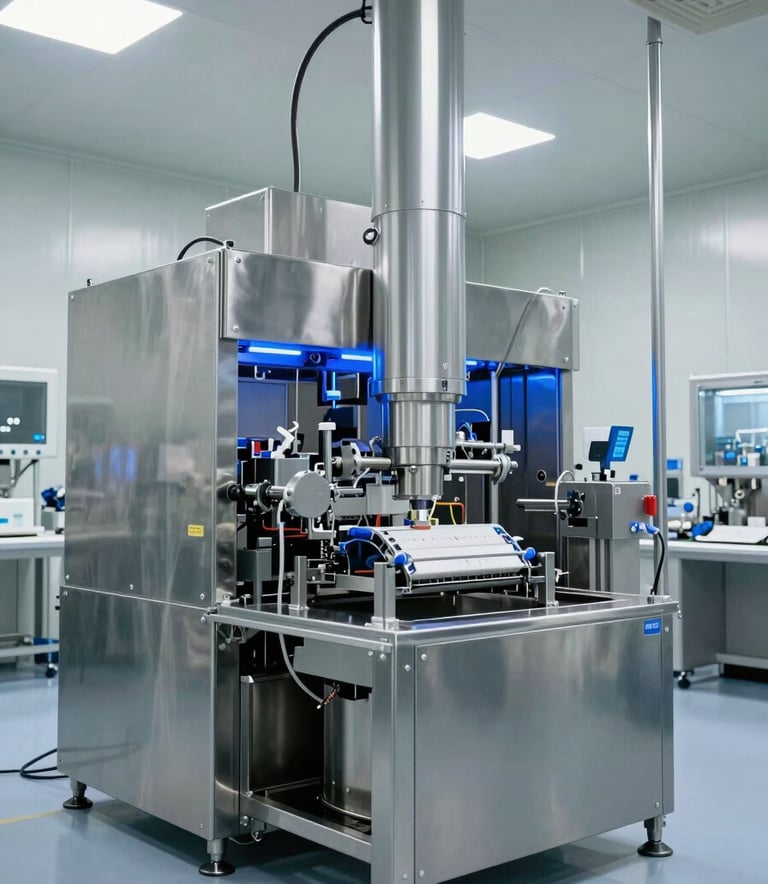 A wide-angle professional photograph of a sterile, modern pharmaceutical production hall in a North American industrial facility, featuring advanced automated packaging machinery with stainless steel surfaces and blue light accents.