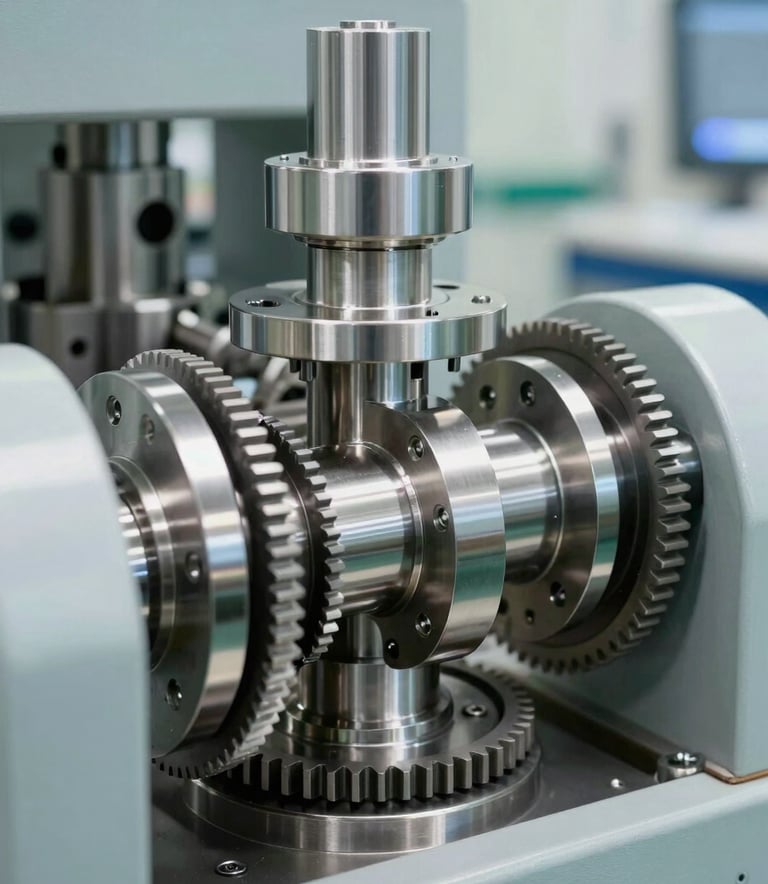 Macro photography of precision-engineered stainless steel components and gears inside a pharmaceutical tablet press, sharp focus, clean industrial lighting, North American industrial facility style, featuring pale blue-grey and off-white metallic reflections.