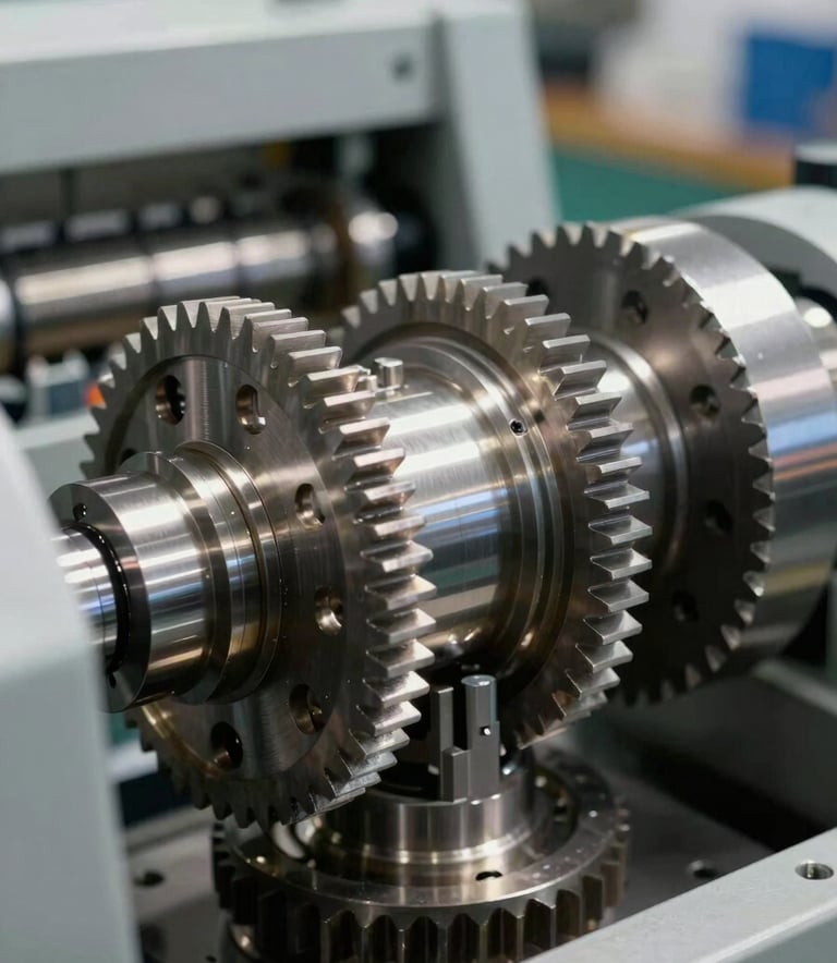 Macro photography of a high-precision mechanical component of a packaging machine, showing intricate gears and polished steel, bright and clear industrial lighting, North American workshop setting.