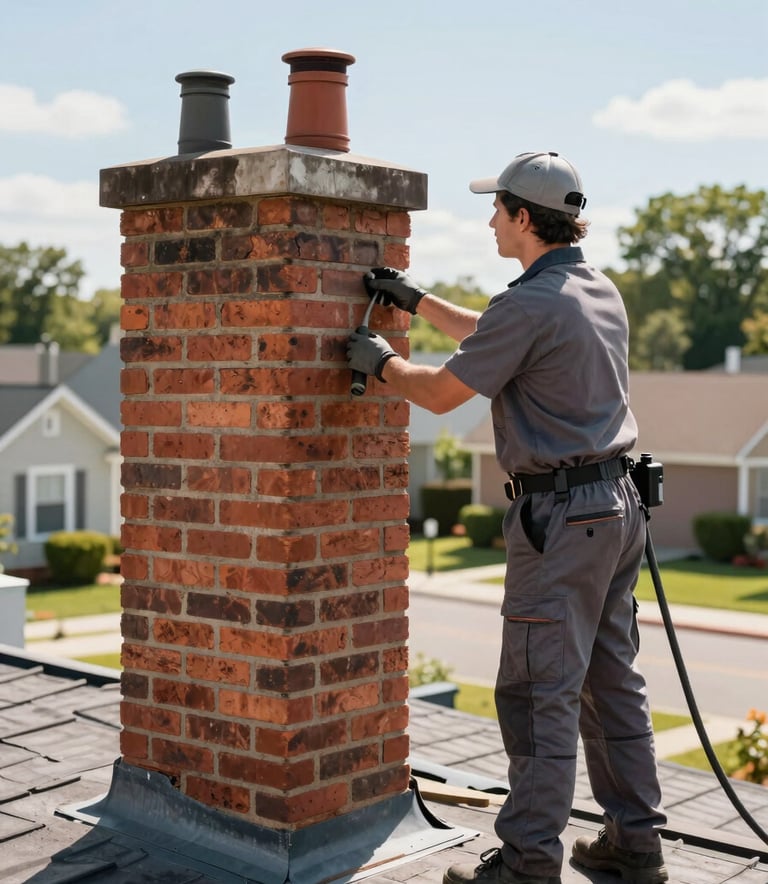 A professional chimney sweep in a grey uniform stands next to a clean, well-maintained brick chimney on a roof in a sunny North American suburb. The scene is bright, reflecting efficiency and professional reliability.