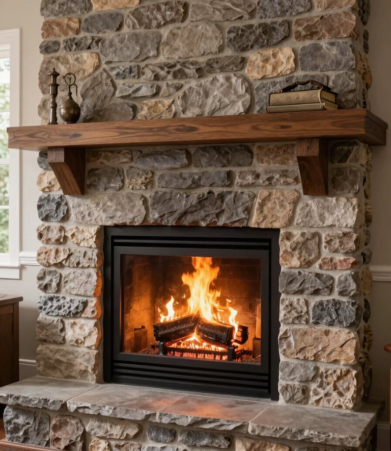 A beautifully maintained stone fireplace in a North American living room, showing a clean hearth and a glowing fire, symbolizing home safety and expert maintenance.