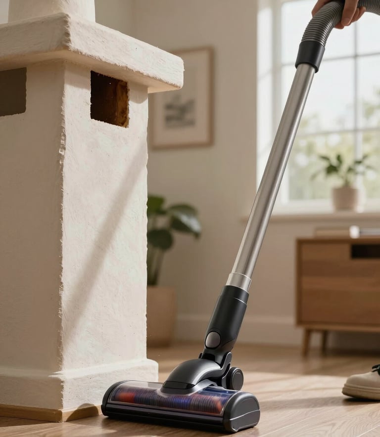 A close-up of a high-tech HEPA filtration vacuum being used by a chimney sweep in a US home to ensure no dust or soot enters the living space.