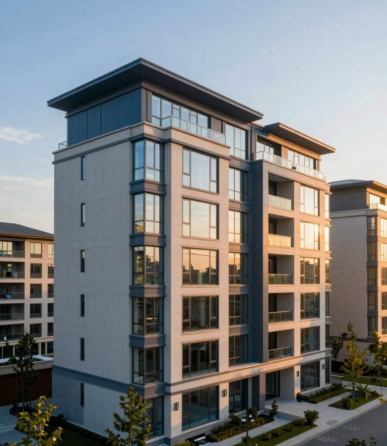 A wide-angle professional photograph of a contemporary luxury residential development in a North American / US suburb during the golden hour. The architecture features clean lines, large glass windows, and accents of steel blue and light gray. The lighting is warm and inviting, emphasizing high-end real estate quality.